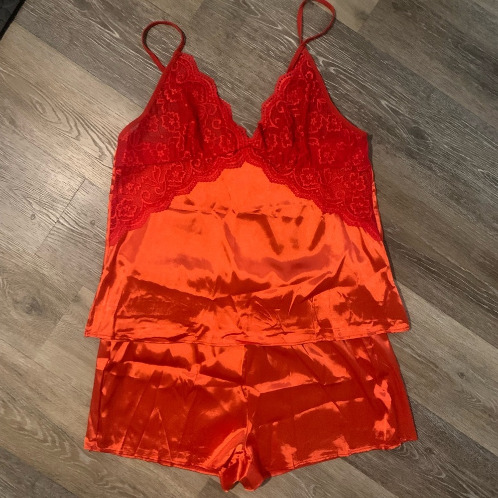 Red silk & lace pajama set